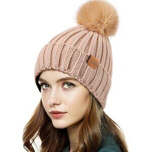 Women's Winter Warm Beige Beanie Fleece Lined Skull Faux Fur Pom Cuff Hat Cap